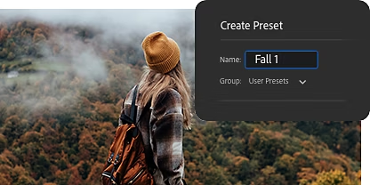The Adobe Photoshop Lightroom Create Preset tool superimposed over an image of a person hiking in a forest area