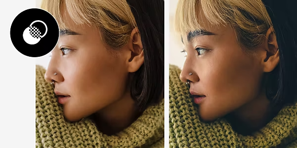 Two identical photos side by side of a person wearing a knitted sweater and looking to the left, but the photo on the right has a vintage preset setting applied to it