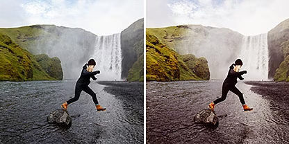 Two identical portrait photos side by side of a person jumping from a small rock in front of a waterfall, but the photo on the right has a Lifestyle preset applied to it