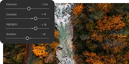 Adobe Photoshop Lightroom preset settings superimposed over an image of an aerial view of a river running through a forest