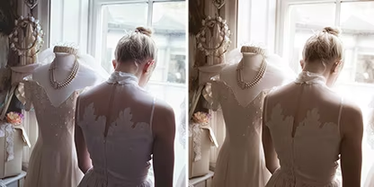 Two identical photos side by side of a person standing in a wedding dress looking out a store window, but the photo on the right has the Adobe Photoshop Lightroom &quot;Aged Photo&quot; preset applied to it