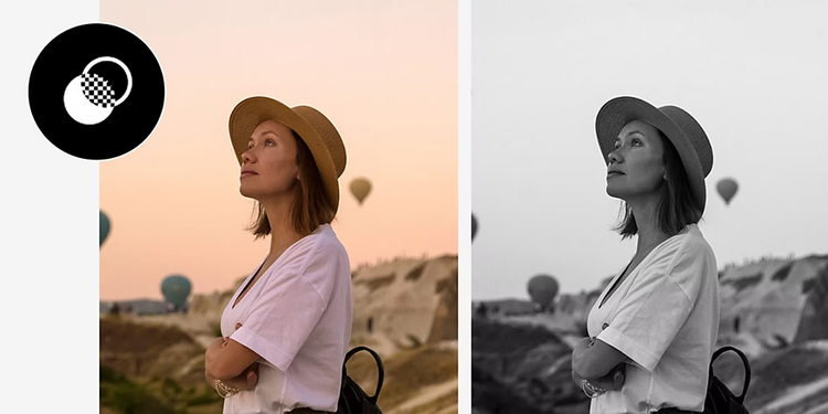 Two identical photos side by side of a person looking up at air balloons flying in the sky, but the photo on the right has a black-and-white preset applied to it