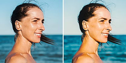 Two identical portrait photos side by side of a person posing in front of a body of water, but the photo on the right has a Portrait preset applied to it