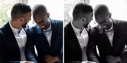 Two identical photos side by side of a married couple posing for a wedding photo, but the photo on the right has the Adobe Photoshop Lightroom &quot;Soft&quot; preset applied to it