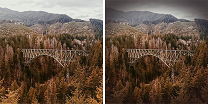 Two identical photos side by side of a bridge running through a forested area, but the photo on the right has the Adobe Photoshop Lightroom &quot;Medium&quot; preset applied to it