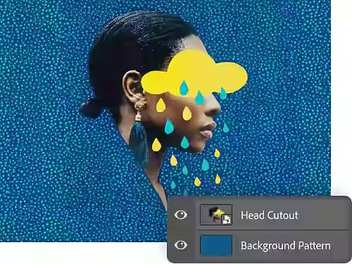 An example of Smart Objects. An image of a person's face covered by a rain cloud over a blue background.