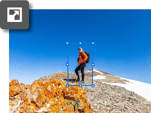 The Free Transform tool outline is applied to a photo of a hiker using a keyboard shortcut with icon overlaid