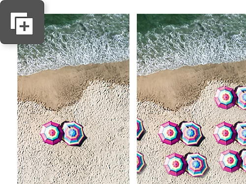 A before and after photo of umbrellas on a beach. The umbrellas have been cloned in the after photo.