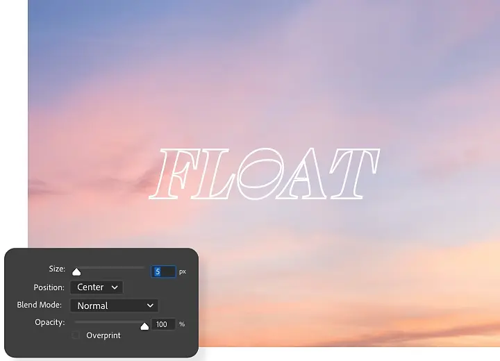 A graphic design with a colorful background featuring the word &quot; FLOAT&quot; that has a transparent fill and a white outline. Settings shown include Size, Position, Blend Mode, Opacity, and Ov erprint.