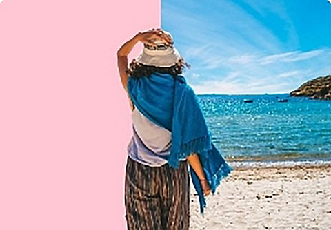 An image of a person set against a split background. Half of the background is pink and the other half is a beach scene.