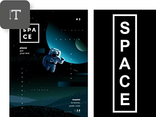 The title design of a space-themed poster is modified in Adobe Photoshop with icon overlaid