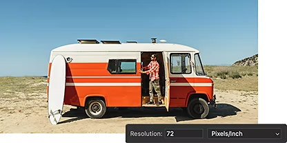 An image of a person standing in their van at the beach and the Adobe Photoshop Image Resolution panel superimposed over it