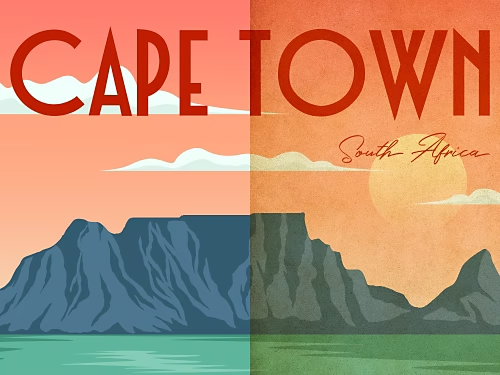 Cape Town, South Africa, illustration with a parchment texture added.