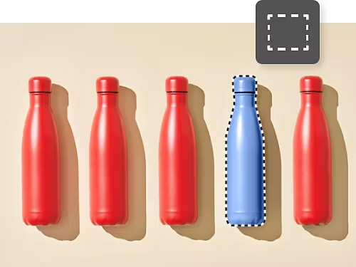 An image showing five water bottles. Four of the bottles are red but one of the bottles is blue. The blue bottle has been selected and has a dotted line border around it.