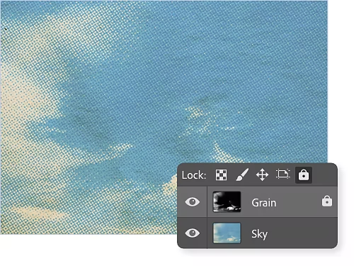Layers panel superimposed on an image of a partly cloudy sky.