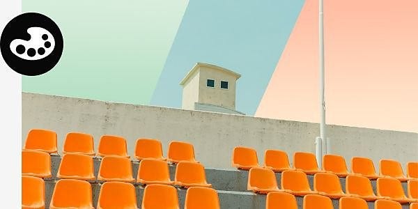 The stark concrete seating of a sports stadium is contrasted against a colorful and striped pastel background with color pallette icon overlaid