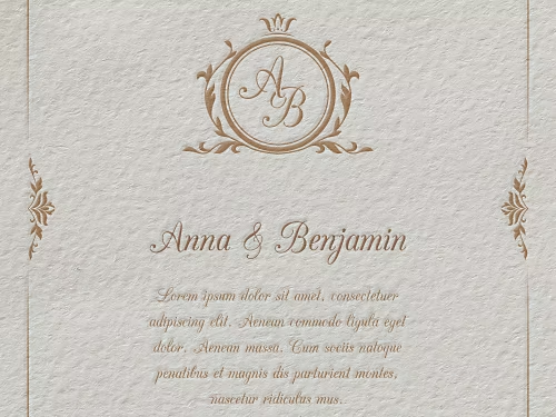 A wedding invitation with an embossed white paper texture added.