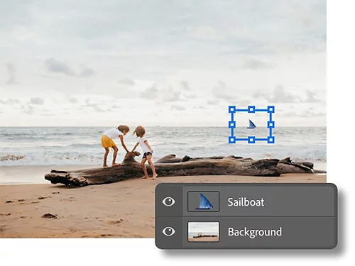 A sailboat is resized in its own layer and placed in the background of two children playing on a beach