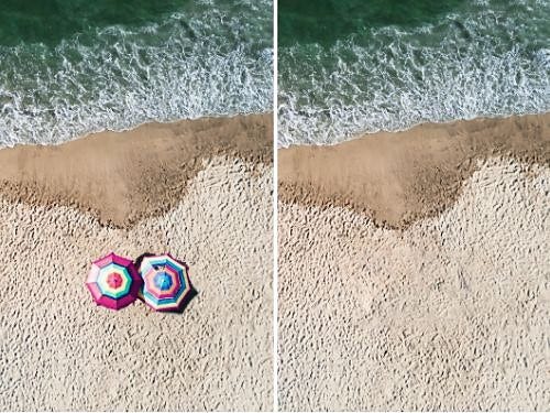 A before and after image. The image on the left is an aerial shot of two colorful umbrellas on the beach. In the image on the right, the umbrellas have been removed and evidence of the edits have been smoothed over.