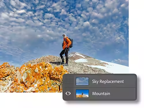 The foreground and background of a hiking photo is separated into layers and named with window overlaid