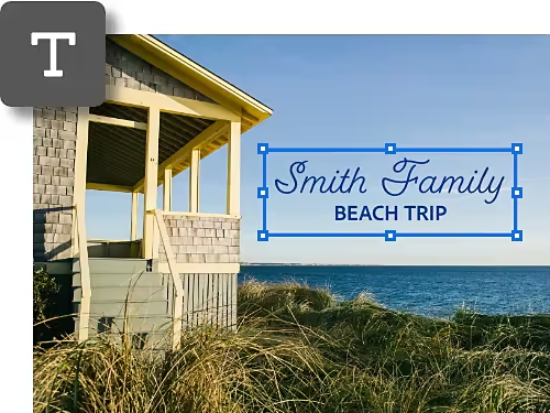 Text on a photo of a beach house is resized using the Free Transform tool with text icon overlaid