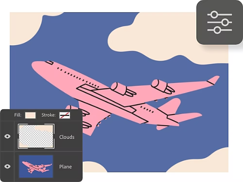 Layers panel and Properties icon superimposed on an illustration of an airplane in the sky.