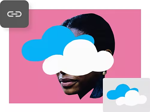 An example of an image linked as a Smart Object. An image of a person's face covered by clouds over a pink background.