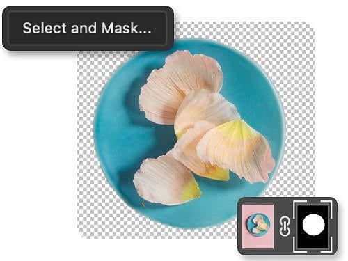 Flower petals on a blue plate being modified using the Select and Mask workspace with icon overlaid