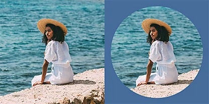 A before and after comparison of a woman sitting by the beach using a circle mask to highlight the subject of a photograph