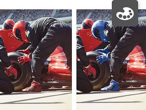 A before and after image of a racecar pit crew member. The pit crew member has a red helmet in the before photo and a blue helmet in the after photo.
