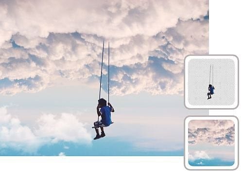An image showing a child in the sky sitting on a swing attached to the clouds. The child on the swing is one layer, and the sky with clouds is a different layer.