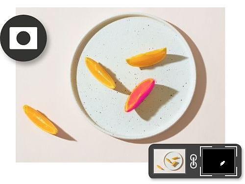 The color of an orange slice on a plate is edited using a layer mask in Adobe Photoshop with icons overlaid