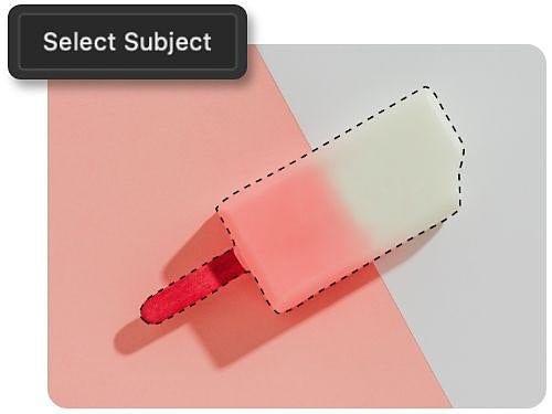 A two-toned popsicle matching the background being outlined by the Select Subject tool with tool icon overlaid