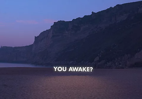 The words "YOU AWAKE?" overlaid on a dark beach background.