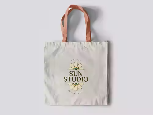 An image of a tote bag with a business logo.