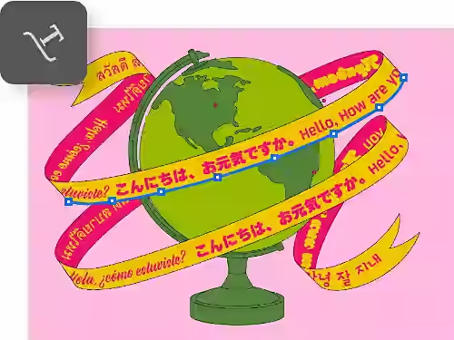 A graphic green globe with a yellow curving ribbon that shows hello in many languages with curved path icon overlaid