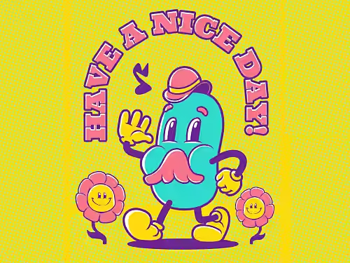 A graphic design featuring a cartoon character and the words "HAVE A NICE DAY" with a pink fill and a purple outline.