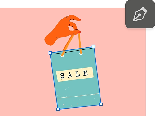 An illustration of a hand holding a sign that says "SALE" that has been created using Adobe Photoshop.