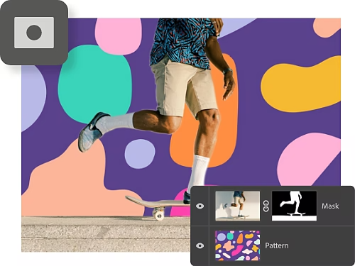 Layers panel and Layer Mask icon superimposed on an image of a person skateboarding.