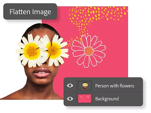 An example of a flattened image. A person with flowers over their eyes.