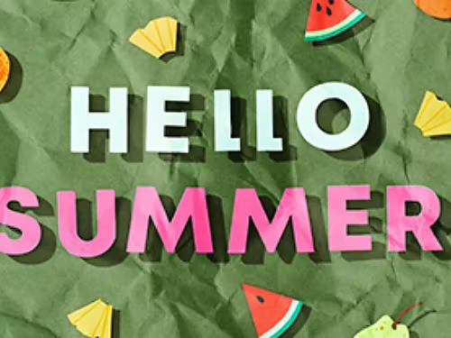 Hello Summer text surrounded by illustrated fruit that is overlaid by a crumpled green butcher paper pattern