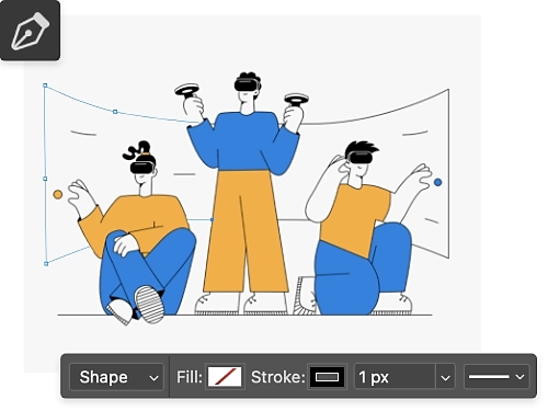 An illustration of three people using virtual reality headsets that has been created using the Pen tool.