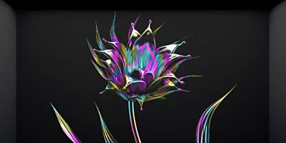 A flower painted in psychedelic color and texture against a black background