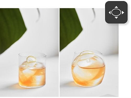 A before and after photo of a drink in a glass cup that has been distorted using the Liquify filter.