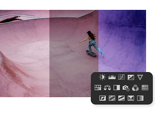 A photo of a person skateboarding with three different adjustments used.