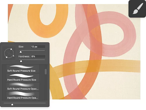 An abstract design that has been created using the Brush tool. Settings are shown for Brush Size, Hardness, and Type.
