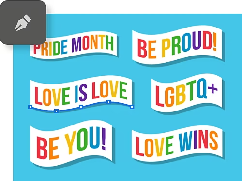 The Pen tool is used in Adobe Photoshop to shape ribbons of text for Pride with icon overlaid