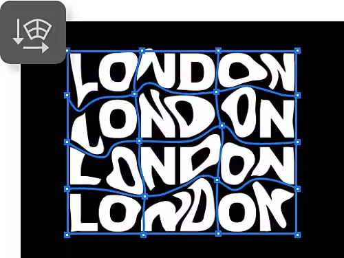 The text London is stacked on itself four times in generic font and distorted with Warp tool icon overlaid