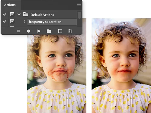 Photoshop actions feature superimposed on a photo that has been retouched using frequency separation.
