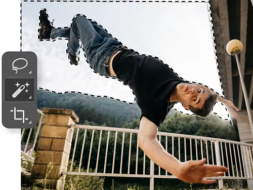 Magic Wand tool menu icon superimposed on a photo of a person doing acrobatics. The sky around the person has been selected using the Magic Wand tool.